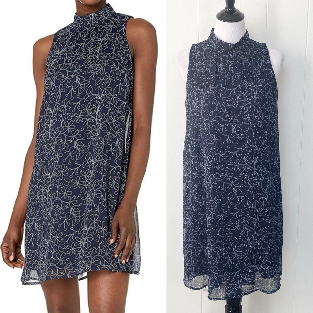 Tommy Hilfiger Floral Trapeze Dress Navy Women's Size 8 Mock‎ Neck Chiffon